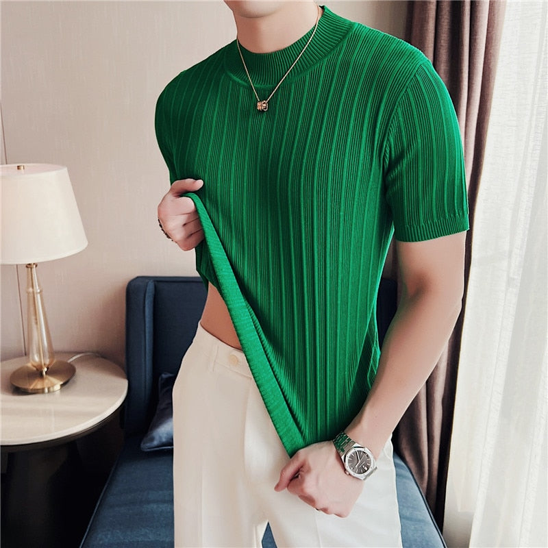 Ice silk thin style hollowed out knitted lapel short sleeve men