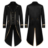 New Halloween Tuxedo Men's Gothic Jacket Steampunk Tailcoat Long Coat Halloween Medieval Costume Frock Gold Trim Fit Coat