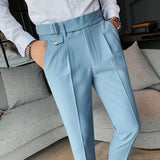 Riolio British Style New Solid High Waist Suit Pant Men Business Formal Wear Trousers High Quality Slim Casual Office Suit Pants