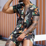 Riolio Men's Suits Summer Hawaii Print Shirt Casual Beach Suit Men's Fashion Quick Dry Short Sleeve Tops Cool Shorts Sale Set Clothing