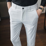 Riolio Spring Summer New Fashion Striped Casual Pants Men's Casual Simple Ankle Length Formal Slim Suit Pants Business Office Trousers