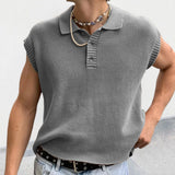 Riolio Solid Knitting Tops Men Sleeveless Buttoned Turn-down Collar Knit Vest Shirts Spring Summer Men's Clothing Fashion