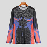 Riolio Fashion Men T Shirt Printing O-neck Long Sleeve Mesh Transparent Streetwear Casual Camisetas Sexy Men Undershirt