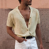 Knit Men's Mesh Shirts with Holes Nightclub Short Sleeve Button Up Men Clothing Tops Cardigan Summer Beach Harajuku