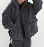 Riolio Winter Thick Warm Oversized Dark Grey Sherpa Jacket Men with Hood Zip Up Fluffy Loose Casual Faux Lamb Fur Coat