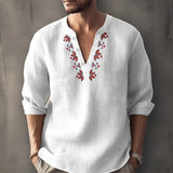 Fashion Graphic Print Mens T Shirt V Neck Buttoned Loose Long Sleeve Casual Pullovers Fall Vintage Men Clothes Tops Streetwear