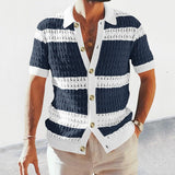 Casual Mens Knitted Shirts Spring Summer Loose Short Sleeve Buttoned Lapel Knit Cardigans Men Clothes Vintage Striped Shirt