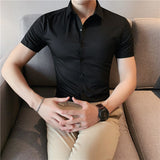 Riolio High Quality Summer Ice Silk Seamless Elastic Shirt Men's Slim Fit Short Sleeve Social Business Dress Shirt Plus Size 4XL-M