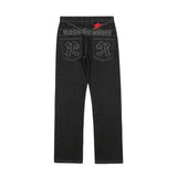 Vintage Letter Five Point Star Embroidered Jeans Men'S Y2k Street Hip Hop Trendy Loose Wide Leg Casual Straight Leg Pants