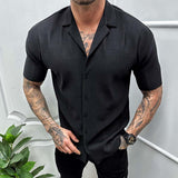 Leisure Solid Color Ribbed Shirts Men Clothes Fashion Short Sleeve Lapel Button Shirt Spring Summer Men's Casual Streetwear