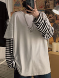 Riolio Long Sleeve Fake Two-piece T Shirt Striped Big Shirts Men Clothing Men Fashion New Oversized Tees Clothes Tshirt harajuku