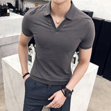 Summer New V-neck Breathable Polo Shirt Men Clothing Fashion Short Sleeved Slim Fit  Solid Color Tee Tops Streetwear 4XL-M