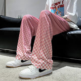 Riolio Summer Thin Casual Pants Men Fashion Plaid Wide Leg Pants Men Korean Loose Straight Ice Silk Pants Mens Plus Size Trousers S-5XL