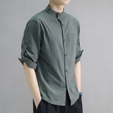 Summer Japanese Linen Shirts Men Cotton Stand Collar Half Sleeve Solid Color Korean Fashion Short Sleeve Men's Casual Blouse