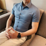 Riolio High Quality Summer Ice Silk Seamless Elastic Shirt Men's Slim Fit Short Sleeve Social Business Dress Shirt Plus Size 4XL-M