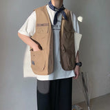 Riolio Vests Men Summer American Retro Japanese Pockets Sleeveless Students All-match Handsome Clothing Harajuku Streetwear Ulzzang