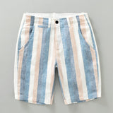 Riolio Summer New Contrast Striped Shorts for Men Pure Linen Lightweight Beach Straight Loose Casual Button Up Short Pants