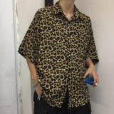 Korean Fashion Street Retro Leopard Shirts for Men Casual All-match Loose Hawaiian Print Lapel Short Sleeve Shirt Men and Women