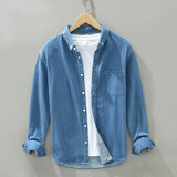 Spring Autumn Men Denim Shirt Long Sleeve Soft 100% Cotton Two Pockets Slim Slight Elastic Jean Tops Cowboy Button Shirt
