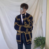 Riolio Winter New Cardigans Sweater for Men Retro Loose Casual Korean Fashion V-neck Plaid Line Cardigan Knitted Sweater Men Coats