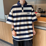 Japanese Stripe Short Sleeve Tee Turndown Collar Loose Men's Clothing Preppy Style Leisure Harajuku Korean Summer Clothes