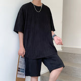 Riolio Summer Pleated Sets Men Fashion 3-color Casual Ice Silk Sets Mens Loose Casual Short-sleeved T-shirt/Shorts Two-piece Set Men