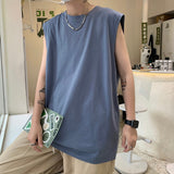 Summer New Korean Fashion O-Neck Mens Tank Tops 100% Cotton Soft Loose Oversize Sleeveless Tops Black Lake Green