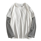 Student T-Shirts Fake Two Piece Set Striped Long Sleeve O Neck Simple Casual Spring Top Tee Shirts For Men School