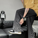 Riolio Summer Thin Casual Pants Men Fashion Plaid Wide Leg Pants Men Korean Loose Straight Ice Silk Pants Mens Plus Size Trousers S-5XL