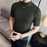 Riolio Autumn High Quality Short Sleeve Knitted T Shirts  Men Slim Solid Pullovers Half Turtleneck Casual Stretched Tee Shirt Homme