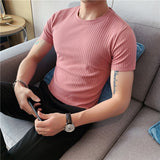 Riolio 7 Colors New Summer Boutique Solid Color High-end Brand Men's Casual High-neck Short-sleeved T-shirt Crew Neck Shirt Male