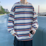 Spring and Autumn Stripe T Shirt Casual Loose Long Sleeve Men's Clothing  Versatile Japanese Vintage Top Round Neck T-shirt
