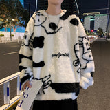 Oversize Sweatshirt Cartoon Cow Print Lamb Hair O-Neck Long Sleeve Man Sweatshirts Korean Fashion Hip Hop Clothes Streetwear