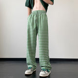 Privathinker Summer Ice Silk Loose Plaid Men Casual Pant Harajuku Wide Leg Trousers Fashion Brand Large Size Male Bottoms