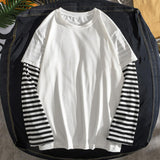 Student T-Shirts Fake Two Piece Set Striped Long Sleeve O Neck Simple Casual Spring Top Tee Shirts For Men School