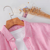 Plaid Short Sleeve Shirts for Men Turn-down Collar Casual Tops Summer New Linen Basic Pink Slim Fit Male Clothing