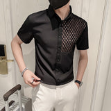 Summer Transparent Lace Stitching Hollow Shirts Mens Long Sleeve Slim Fit Club Prom Shirt High Quality Social Party Clothes