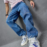 Streetwear New Men Stylish Loose Spliced Jeans Trousers High Quality Solid Male Casual Straight Denim Pants