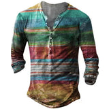 Vintage Men's T-shirts With Button Ethnic Pattern Printed Spring Autumn Loose O-Neck Long Sleeve Oversized T Shirts Men Clothing