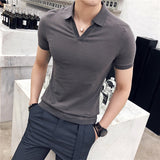 Summer New V-neck Breathable Polo Shirt Men Clothing Fashion Short Sleeved Slim Fit  Solid Color Tee Tops Streetwear 4XL-M