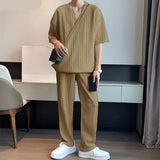 Riolio Casual Simple Style New Men Sets Short Sleeved Shirts Pants Handsome Male Simple Pleated Solid Comfortable Suit 2 Pieces