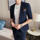 Riolio Fashion Summer Short Sleeve Blazers Match Pant Slim Solid Color 2-piece High Quality Men Formal Office Party Tuxedo Suits