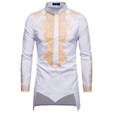 Mid Length Men's Shirt Muslim Men's Clothing Gilded Printed Standing Collar  White Shirt