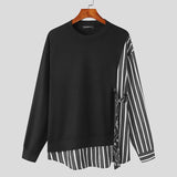 Riolio Tops Handsome Men's Solid Color Spliced Stripe Fake Two Piece T-shirts Casual Streetwear Hot Sale Knitted Camiseta