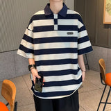 Japanese Stripe Short Sleeve Tee Turndown Collar Loose Men's Clothing Preppy Style Leisure Harajuku Korean Summer Clothes