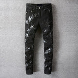 Men's Slim Fit Streewear Fashion Light Indigo Distressed Skinny Stretch Embroidered Leather Stars Patchwork Ripped Jeans