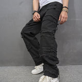 Men Hip Hop Streetwear Loose Straight Jeans Pants Male Stylish Ripped Patch Casual Denim Trousers