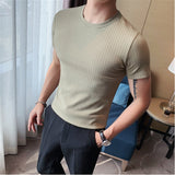 Summer Thin Dark Striped T Shirt Men's Clothes Short Sleeved Round Neck Slim Fit Elastic Tee Tops All-match Bottoming Shirt