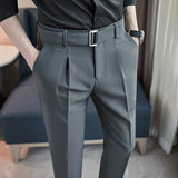 Riolio Mens Spring Autumn Belt Decoration Casual Ankle Length Pants Streetwear New Fashion Social Business Slim Fit Suit Pants