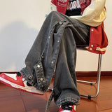 Riolio Vintage Distressed Jeans Side Button Pants Men Black Denim Trousers Male Autumn Loose Casual Japanese Streetwear Hip Hop